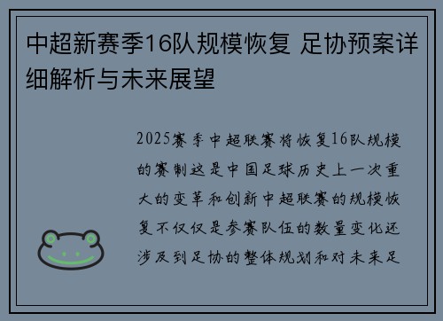 中超新赛季16队规模恢复 足协预案详细解析与未来展望