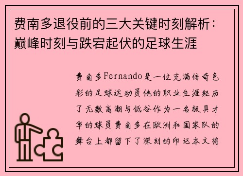 费南多退役前的三大关键时刻解析：巅峰时刻与跌宕起伏的足球生涯